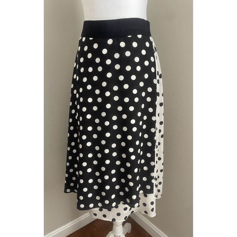 Alice And Olivia 4 Nanette Silk Skirt Faux Wrap Black White Polka Dot Retro Midi